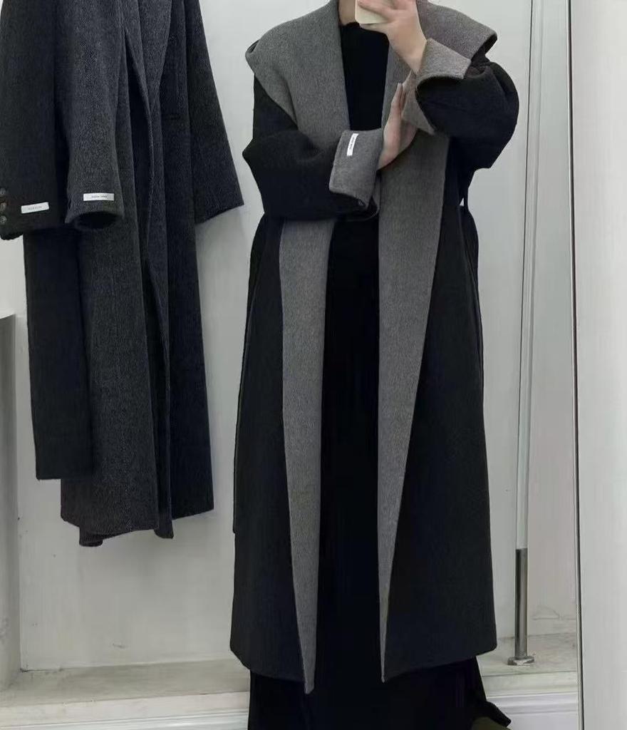 Cloud Floss Women's Double-Faced Wool Coat: Tie-Waist Hooded, Large Lapel, Loose Fit, Thickened Temperament Overcoat.