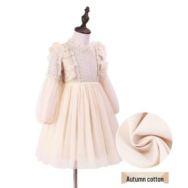 Korean Style Girls' Lace Princess Dress, Spring/Autumn 2024 - Long Sleeve, Puffy Tulle One-Piece