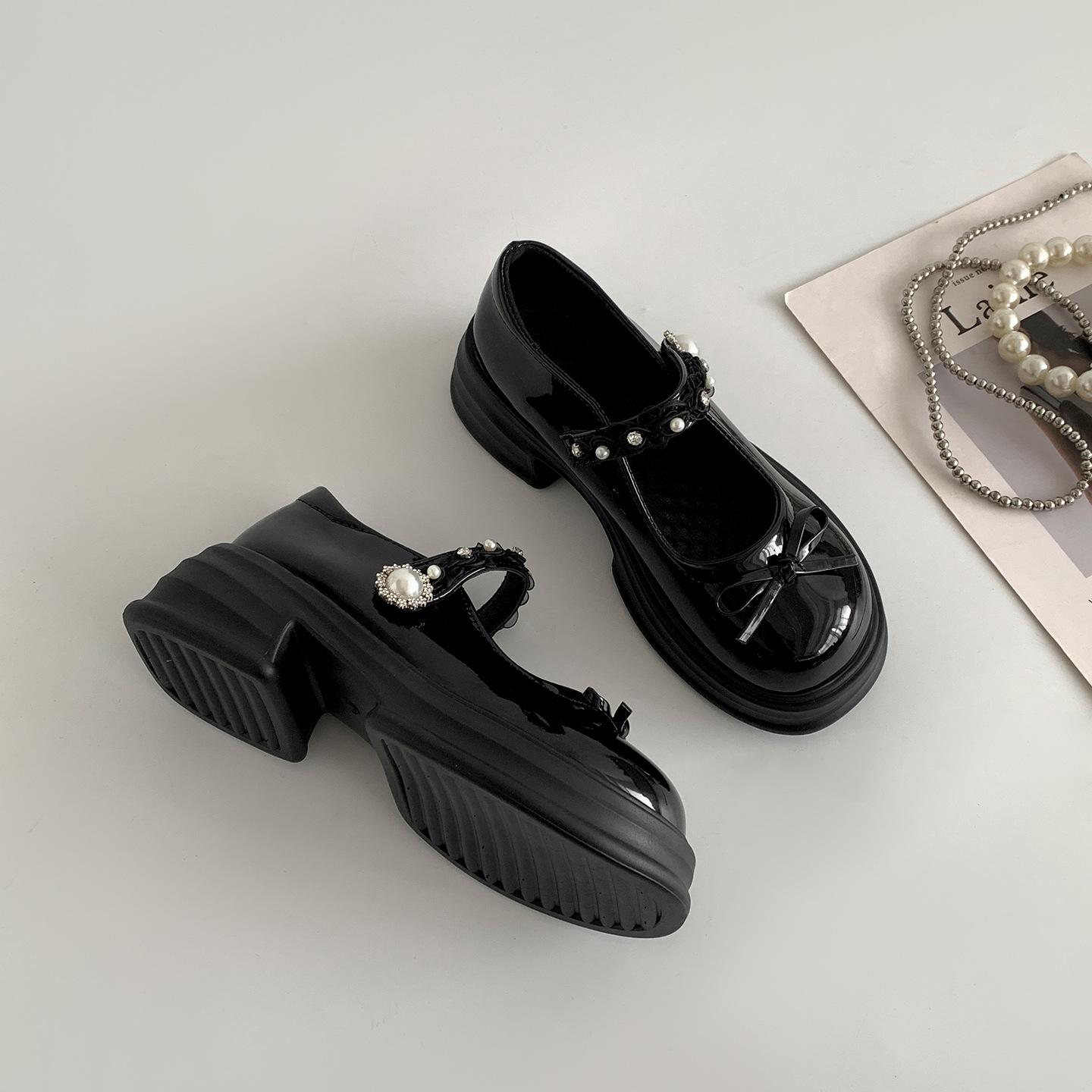 

Black French round head platform small leather shoes women s 2025 new summer skirt soft sole height increase Mary Jane single shoes 35 чёрный