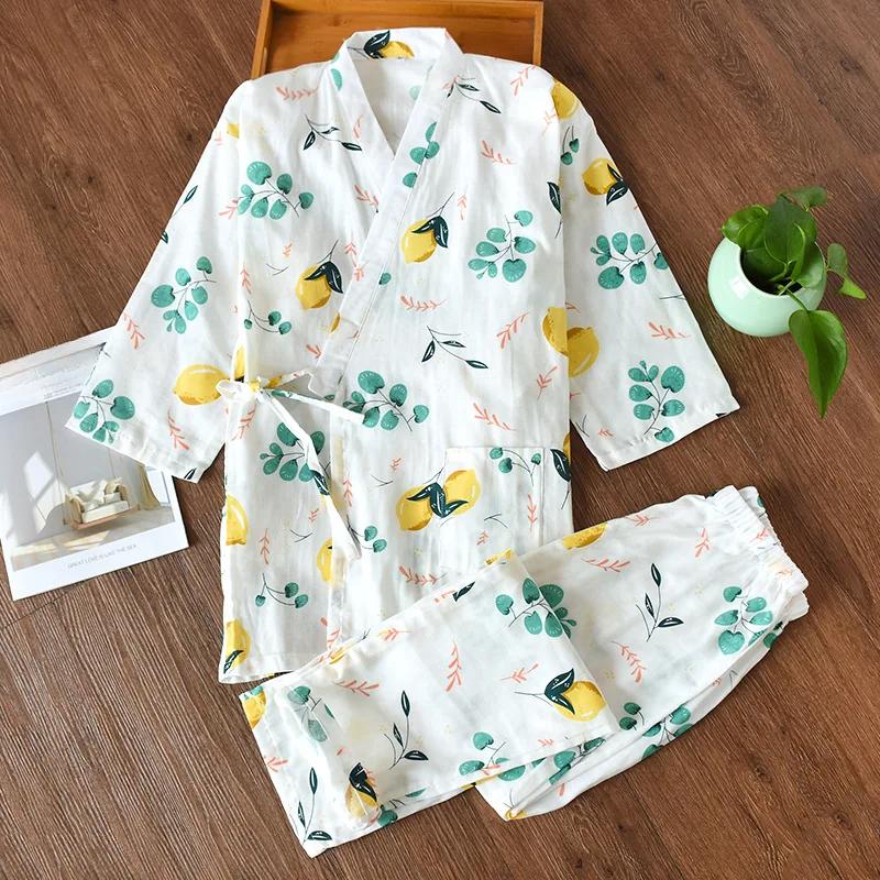 New Seven-sleeve Japanese-style Kimono Pajamas Set Female Spring and Autumn Cotton Gauze Home Clothes Cute Sweet Two-p