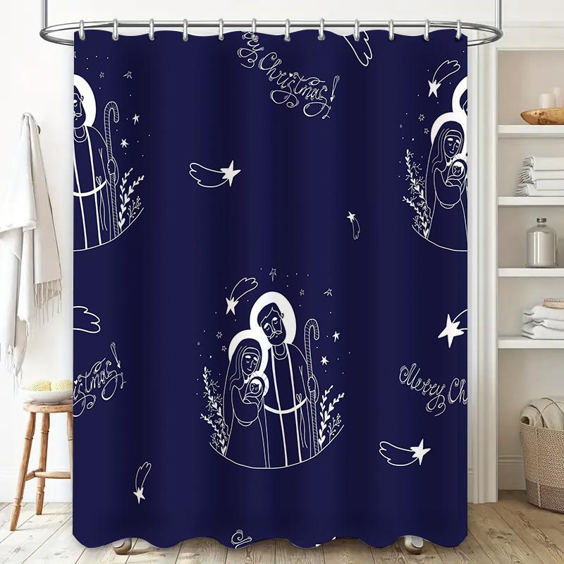 Adorable Blue Christmas Shower Curtain Festive Religious Design with Holy Family Icons for Home Decoration