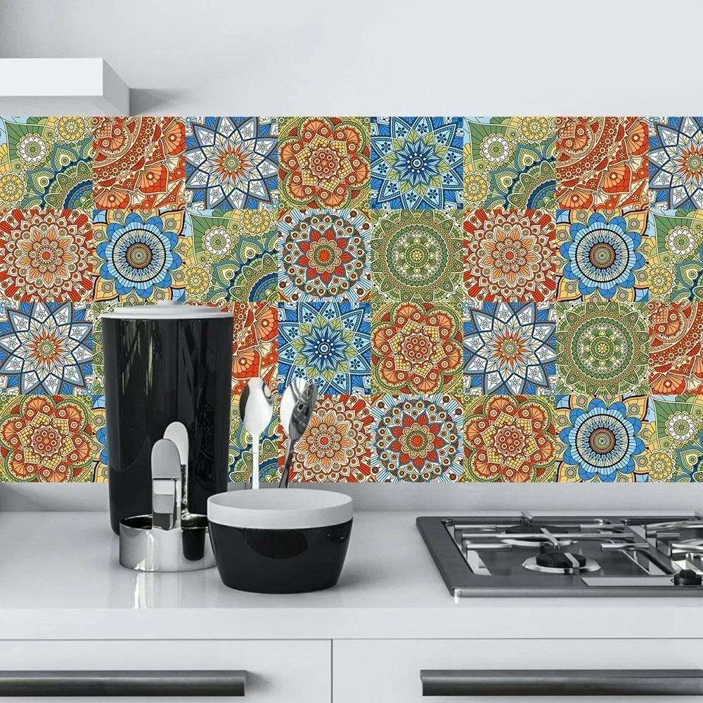 10pcs/set Mandala Style Crystal Hard Tiles Ceramics Wall Sticker Kitchen Wardrobe Decor Art Mural & Stick Wall Decals