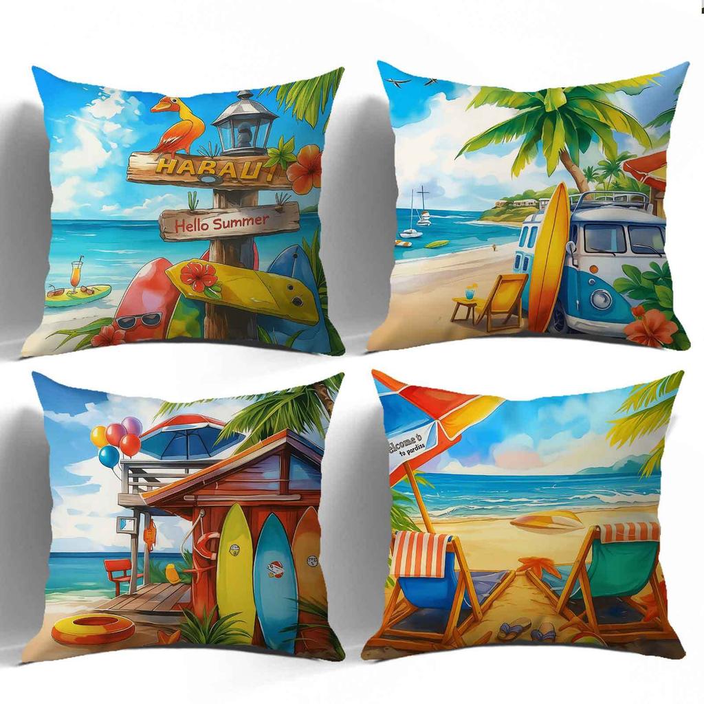 Federa Cuscino Stampa Motivo Spiaggia Palma Tropicale Peluche Corto Adatta per Soggiorni Camere da Letto Divani Cuscino Decorativo