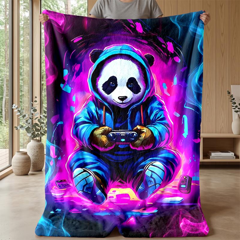 Neon Panda Gamer Theme blanket Lightweight Warm Flannel Blanket Decorative Throw Blanket for Home Decoration