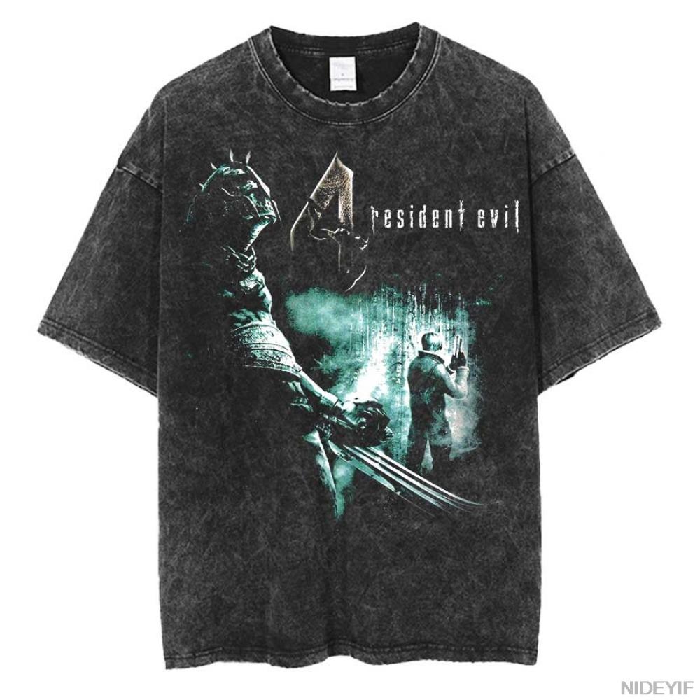 1990s Resident Evil Biohazard Leon Kennedy Oversized T-shirt Retro Washed T-shirt Men M