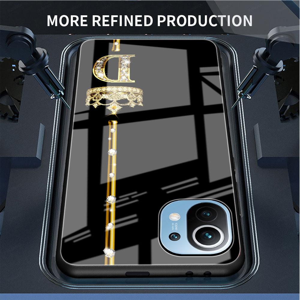 Custodia in vetro con 26 lettere ABC in oro rosa per Xiaomi Poco X3 NFC 11 Lite 11T F3 M3 Redmi Note 11 10 9 8 Pro 10S 9S 9A 9C Cover per telefono