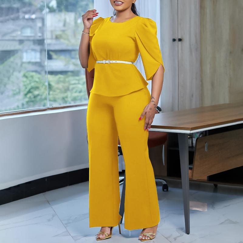 

Женский новый модный темпераментный элегантный однотонный топ с широкими брюками и двумя частями костюма M жёлтый