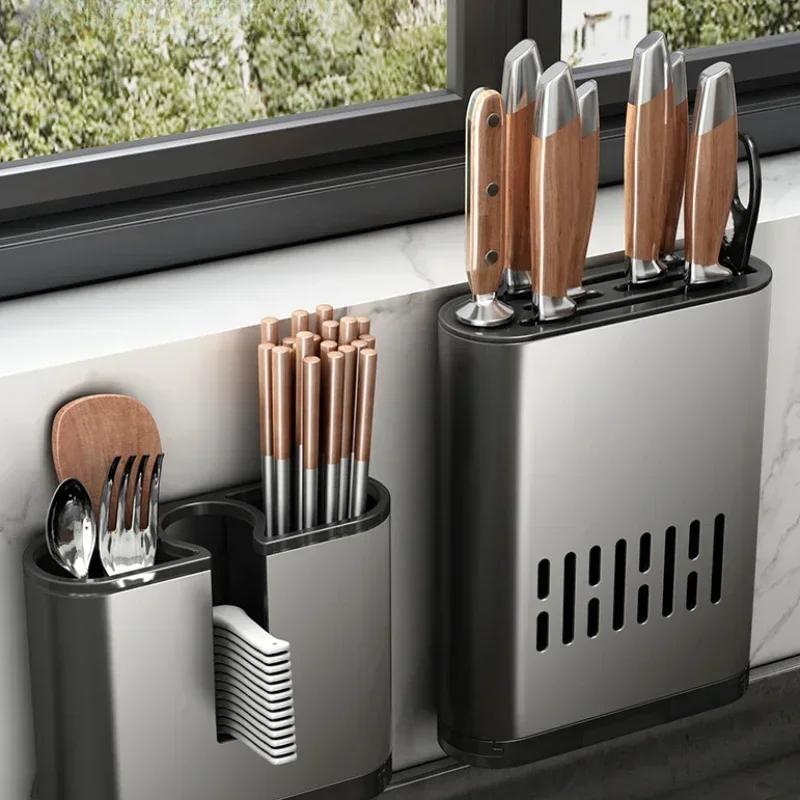Kitchen Storage Chopsticks Tube Rack Wall-mounted Hanging Punch-free Drain Aluminium Chopsticks Cage Storage Kitchen Organizer
