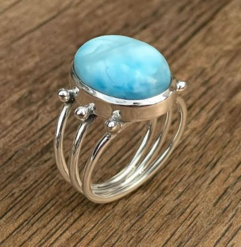 Solid 925 Sterling Silver Natural Larimar Gemstone Oval Shape Handmade Boho Designer Statement Ring Jewlery