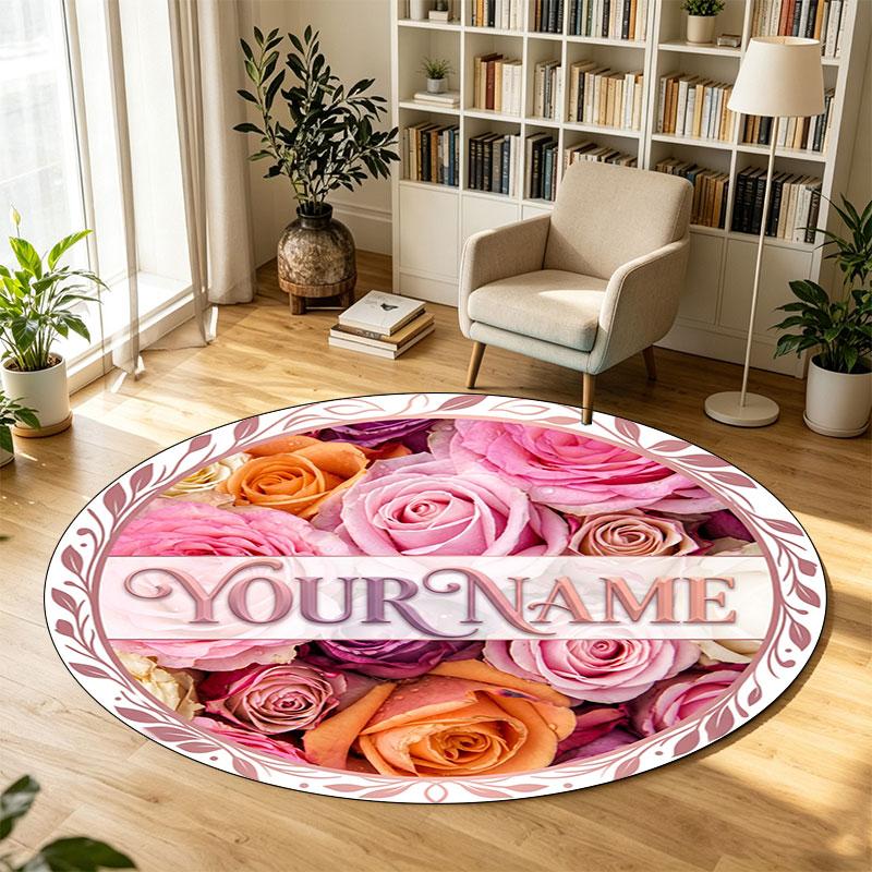 Floral Flowers (823) Theme Circular Crystal Velvet Carpet Customized Name & Text Round Soft Floor Rug For Living Room Bedroom Decor