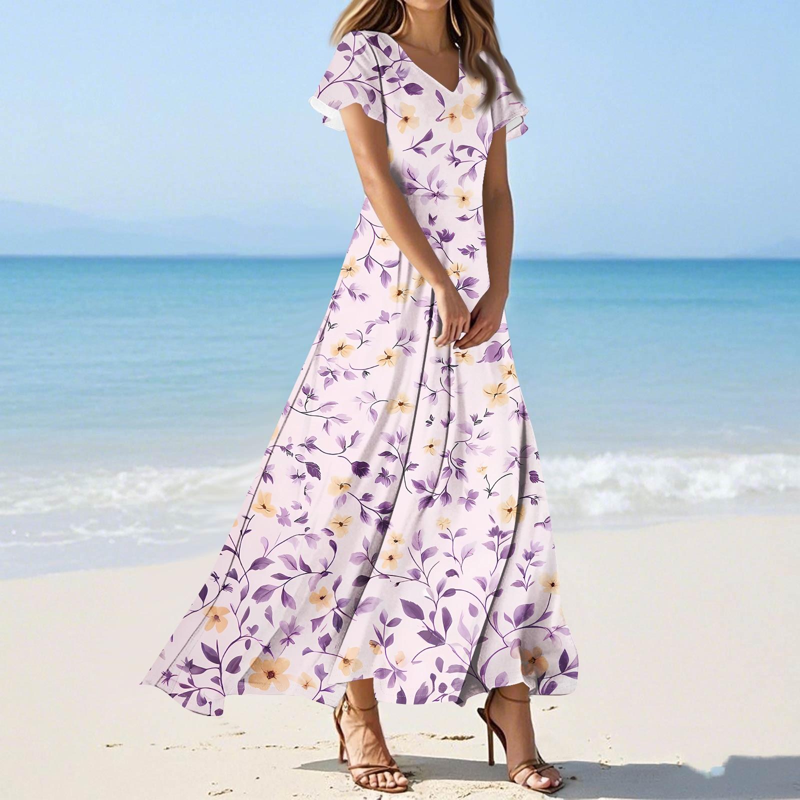 

Women s Casual Fashion Print Long Dresses V-Neck Short Sleeve Dresses L фіолетовий