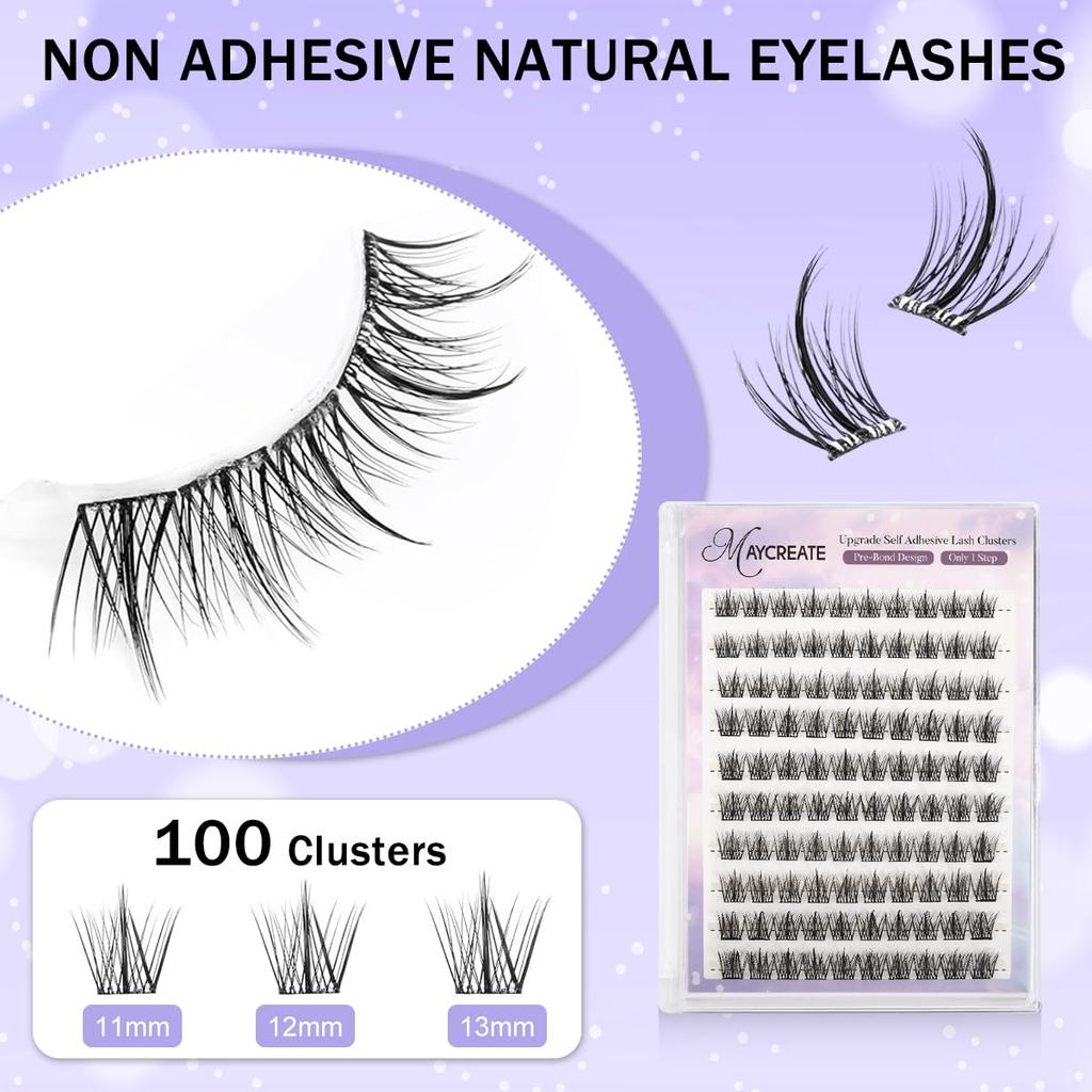 MAYCREATE® 100Pcs Self Adhesive Eyelashes, Self Adhesive Eyelash Clusters, Lash Cluster Press On Lashes Stick Cluster Lashes Pre Glued Eyelash Cl