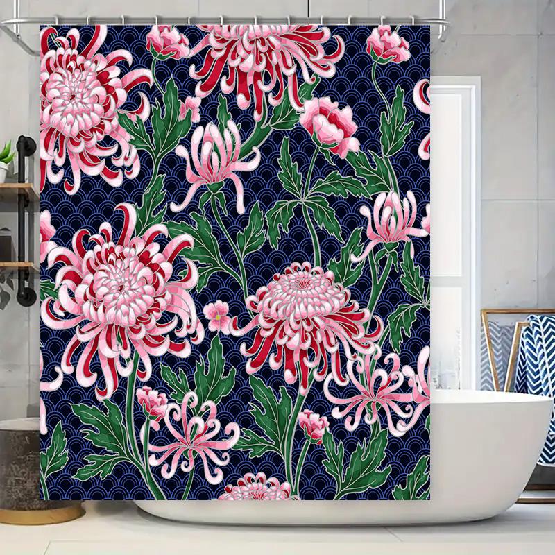 

Pink Floral Shower Curtain Set With Black Waves: Pink White Chrysanthemum Bath Mat Waterproof Decorative Home Bathroom Window De W60H190(CM)-1 Pcs