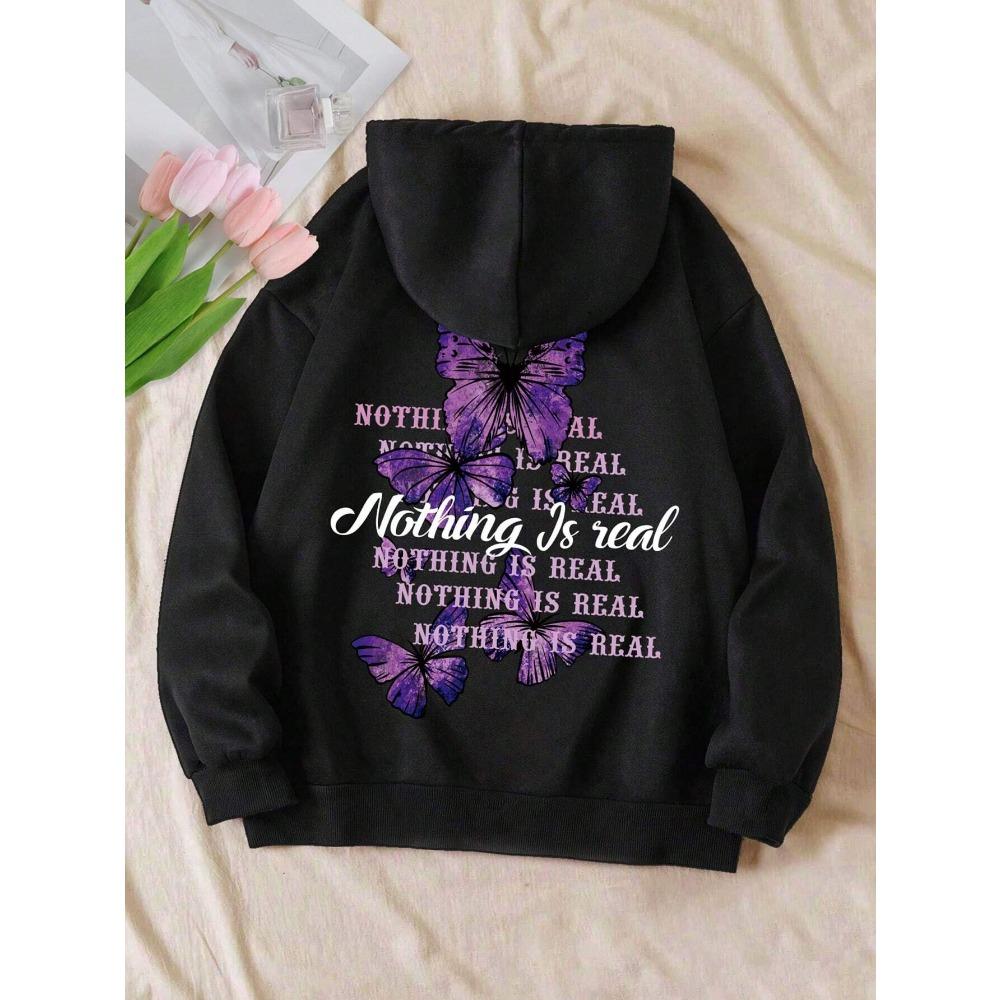 Butterfly Phrase Printing Hoody Women Oversized Hoodies Warm Comfortable Hoodie Casual Pocket Drawstring Tops Female