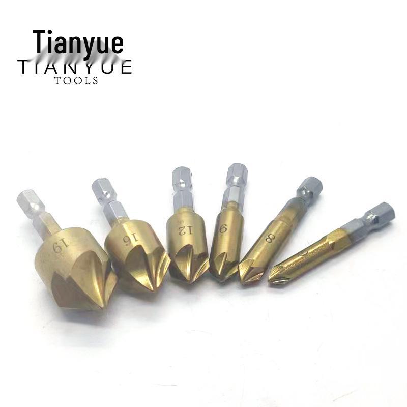 6-Piece Titanium-Plated 5-Flute Countersink Set with Hex Shank (6-19mm)