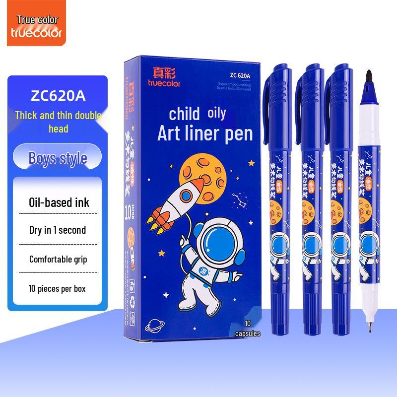 True Color Double-Headed Black Fineliner for Kids: Thick & Thin Tips for Art Outlining