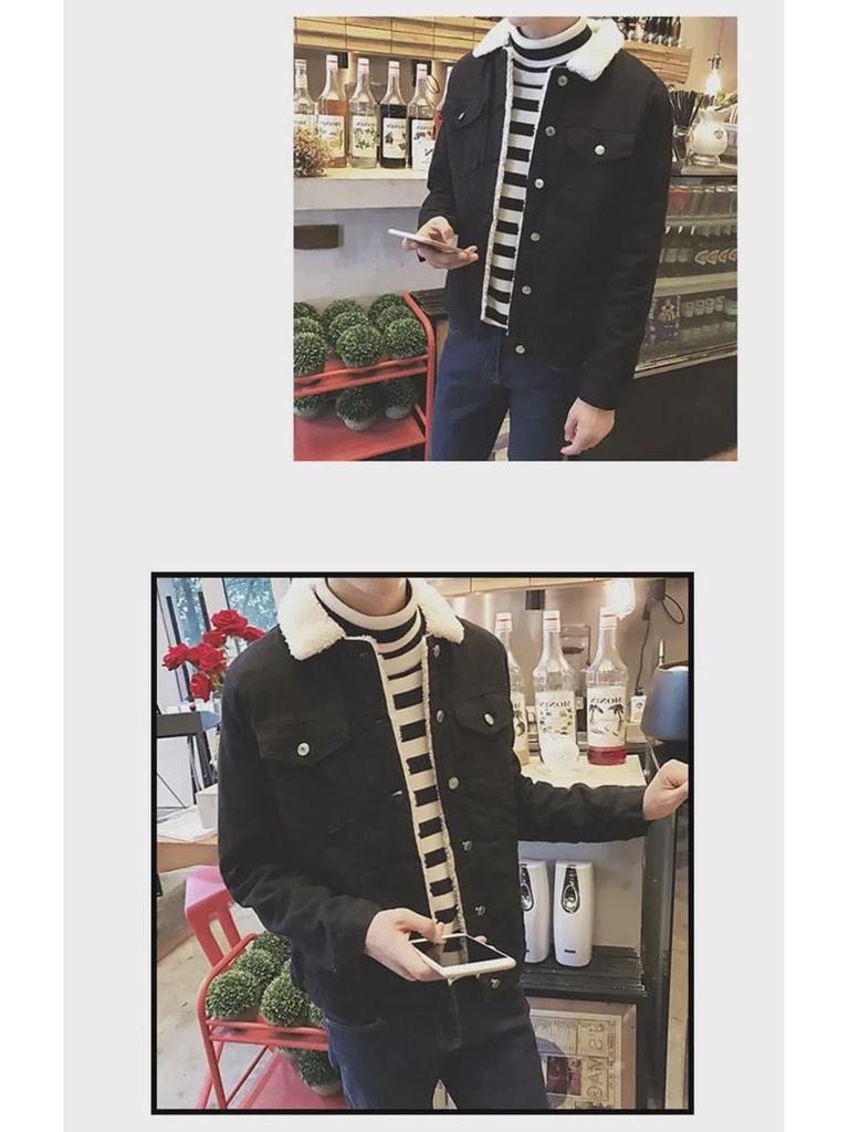 Heren Slim Fit Winter Denim Jas met Velvet en Lamswol Voering