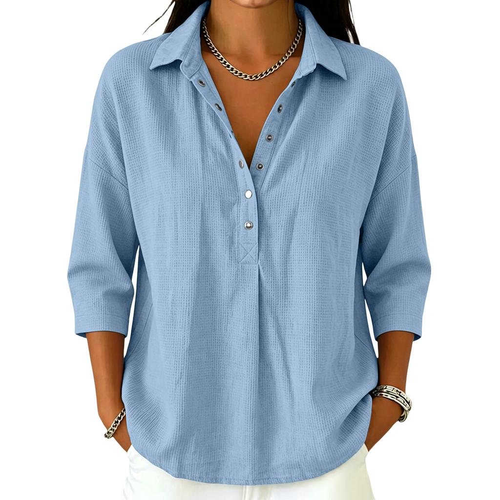 Women's Casual V Neck Button Down Waffle Knit Top Three Quarter Sleeve Relaxed Fit Lightweight Shirt for Everyday Wear