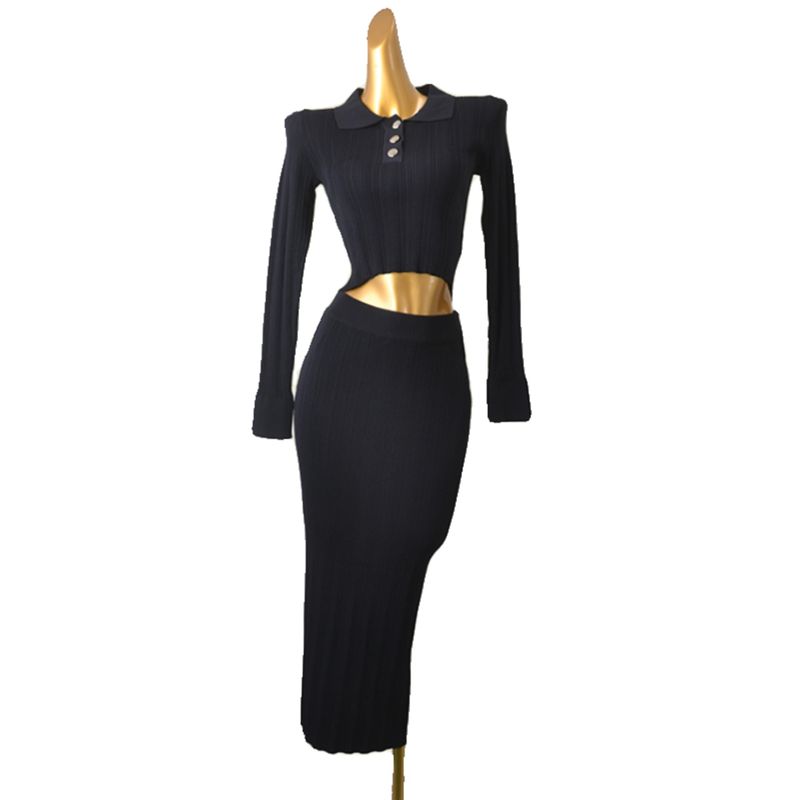 Spring New Arrival Polo Collar Silm Short Knitwear Long Sleeves Silm Versatile Hip Skirt Midi Dress Two-piece Set