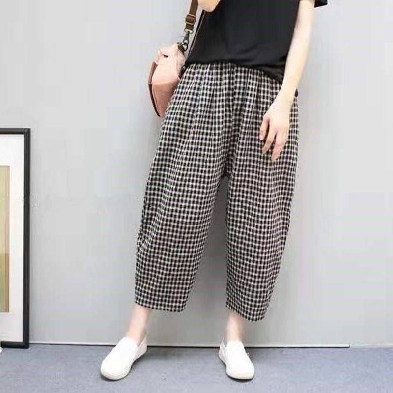 Summer Literary Vintage Plaid Printing Harem Pants Women Elastic Waist Loose Casual All-match Pocket Trousers