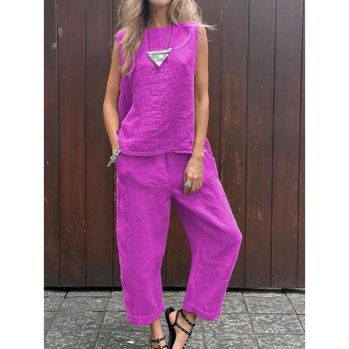 2024 Spring/Summer Cotton Linen Casual Two-Piece Set: Sleeveless Top & Loose Long Pants for Women
