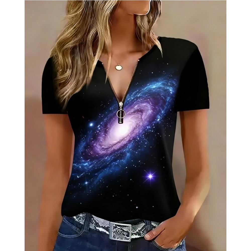 

Fashionable and elegant zipper V-neck color blocked printed T-shirt, plus size women s short sleeved summer loose T-shirt L