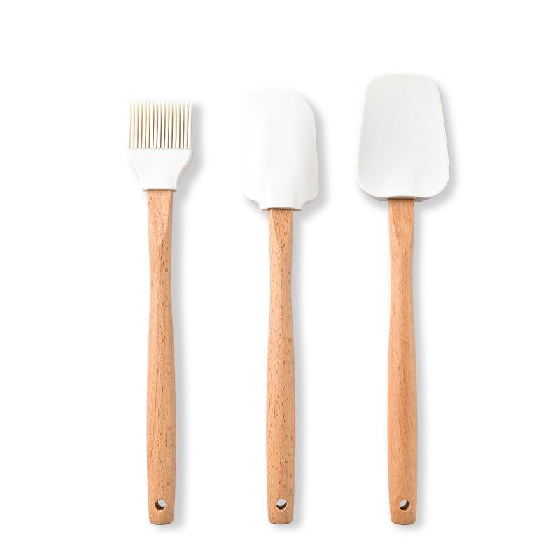 3 PIÈCES Racloir à Crème DIY Spatule à Pain Gâteau Beurre Fouet Pinceau à Huile Outil de Boulangerie Cuisine Spatule Manche en Bois Silicone Anti-adhésif