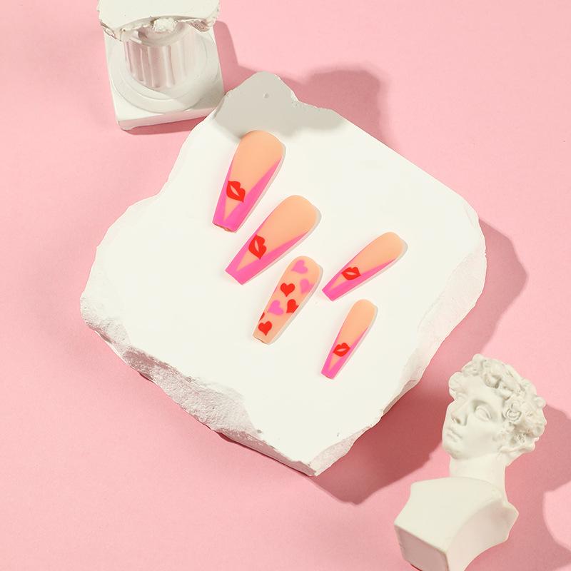24Pcs/Set Quick Nails Long Ballet Love Lip Print False Nials Sticker Wearable Waterproof Manicure Finished Nails