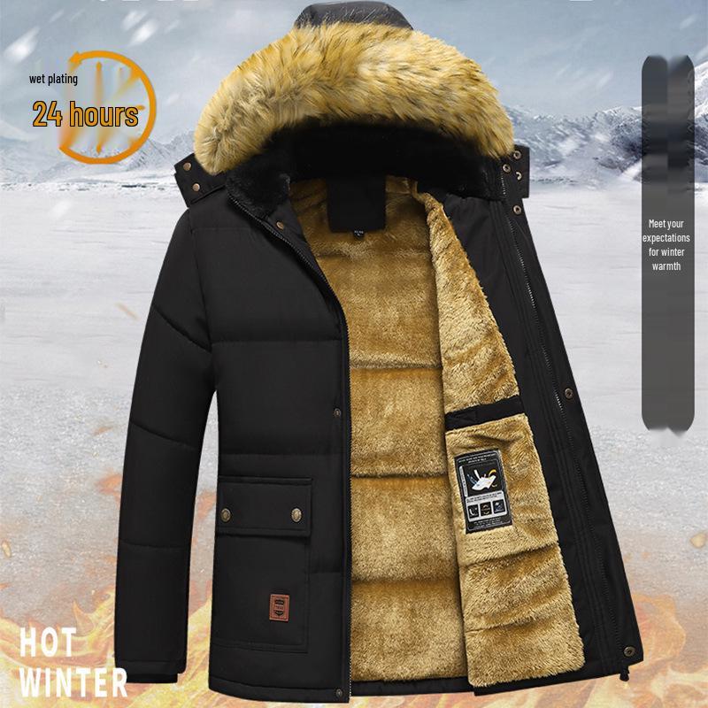 Men's European Size Cotton-Padded Jacket: Winter Mid-Length Dad's Coat with Velvet Lining, Plus-Size, Extra Warm