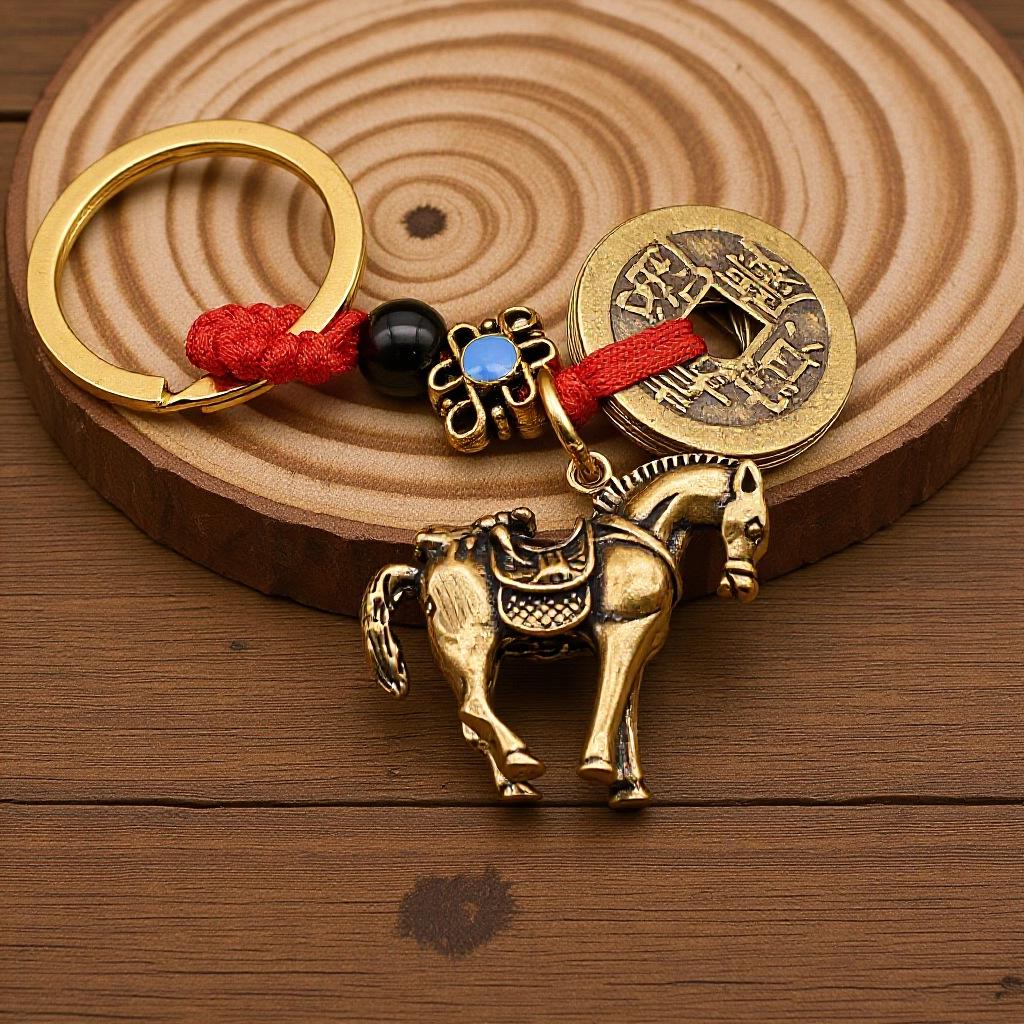 Brass Horse Wealth Keychain Pendant with Five Copper Coins - Creative Car Hanging Ornament