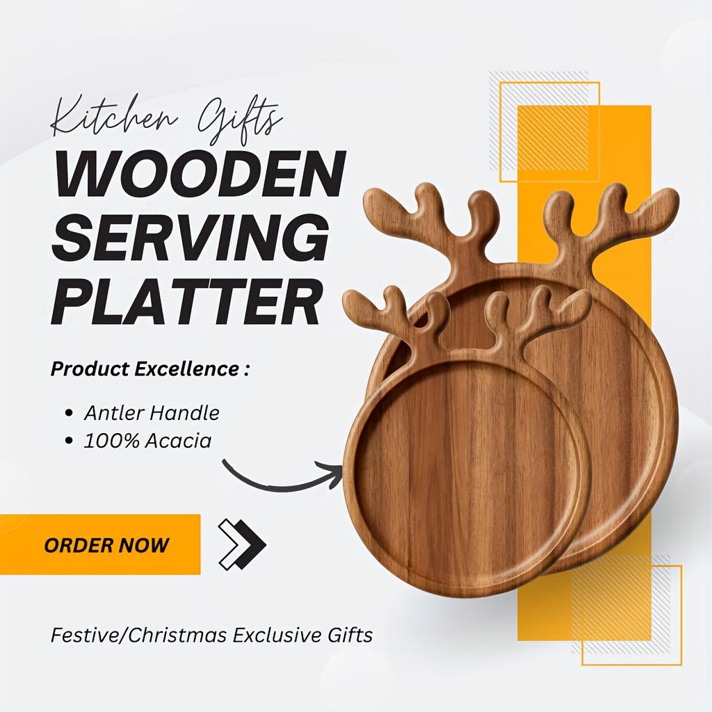 Festive Christmas Exclusive Gifts: Wooden Serving Platter with Antler Handle - 77/8" And 7 7/8" Sizes - Perfect for Parties And Holidays