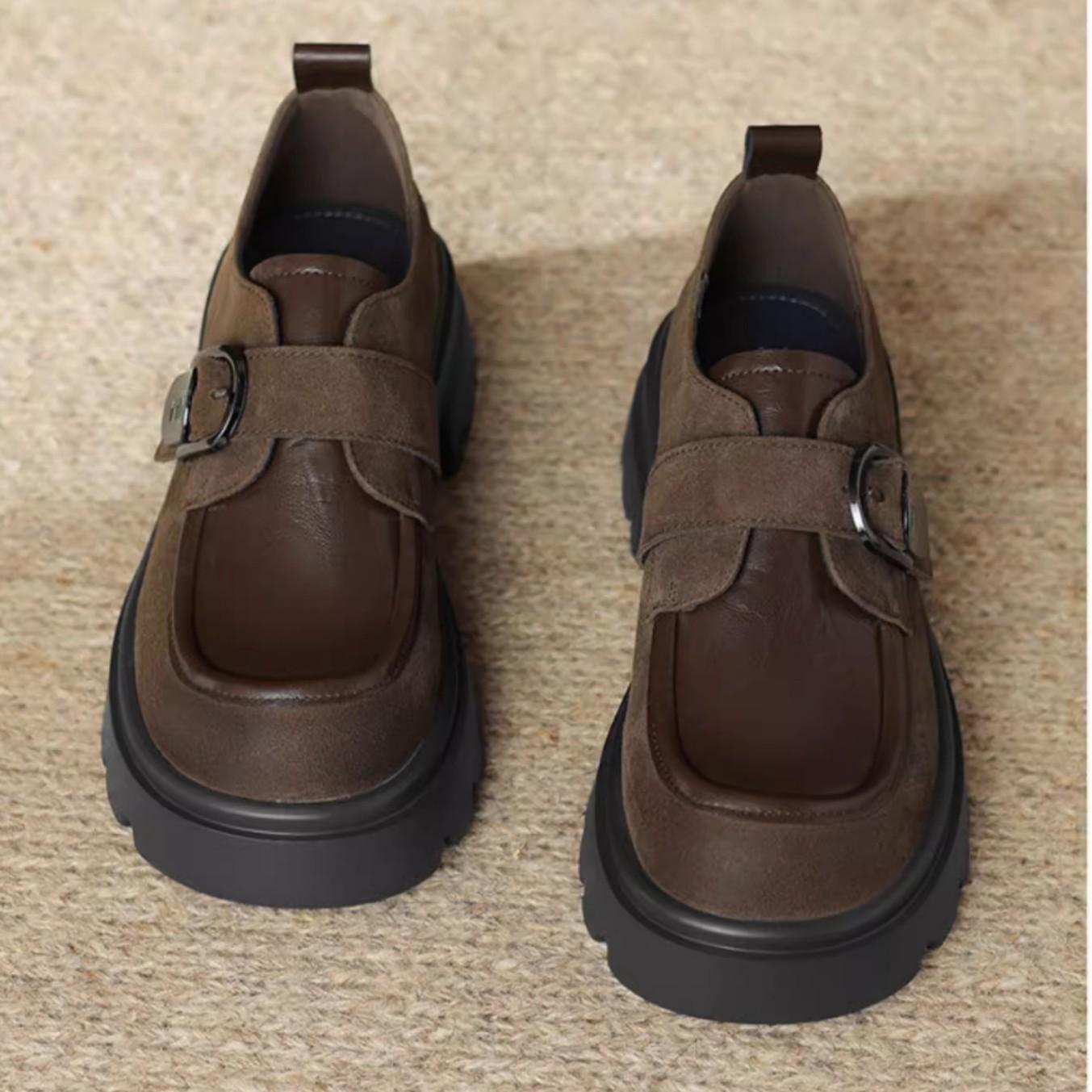 

Splicing loafers women s 2025 new spring and autumn British style thick-soled heightened thick-heeled small leather shoes soft-soled single shoes 35 чёрный