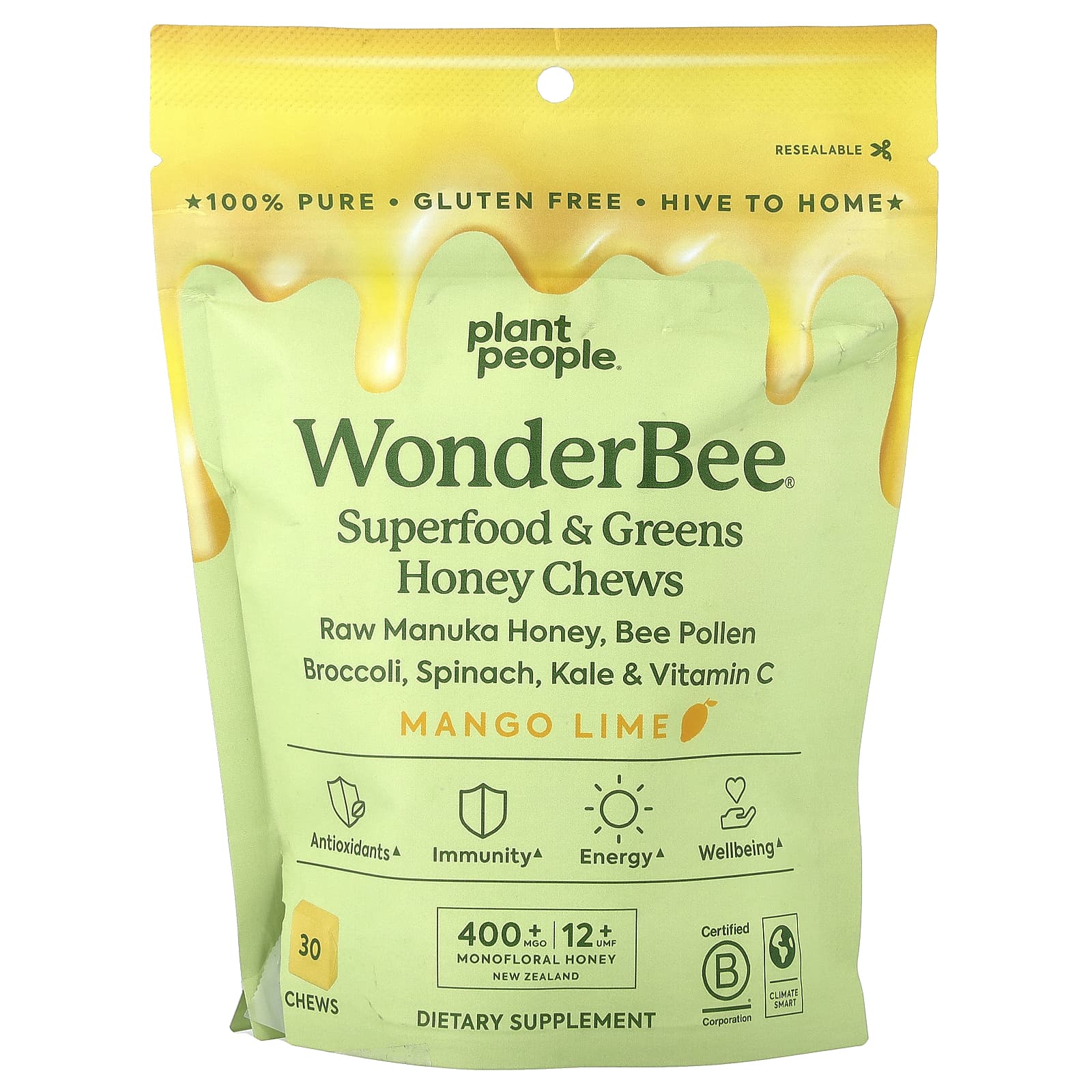 

Plant People, Wonderbee®, Superfoods & Greens Honey Chews, Mango Lime, 30 Chews