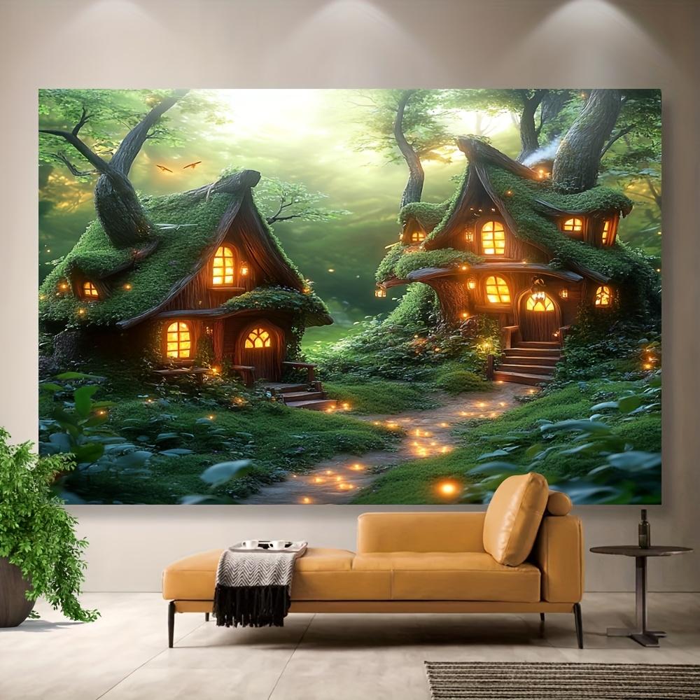 Enchanted Forest Tapestry Cozy Tree Houses with Glowing Lights for Fantasy Home Decor Perfect Wall Art for Living Room or Kids
