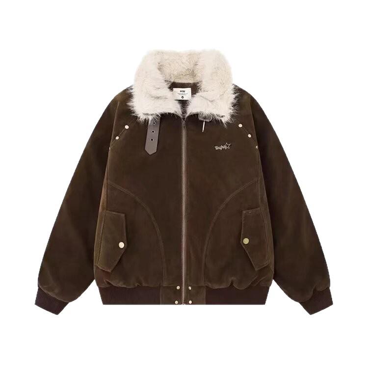 Men's New American Retro Patchwork Leather Fur Collar Cotton Motorcycle Jacket - Thickened for Warmth