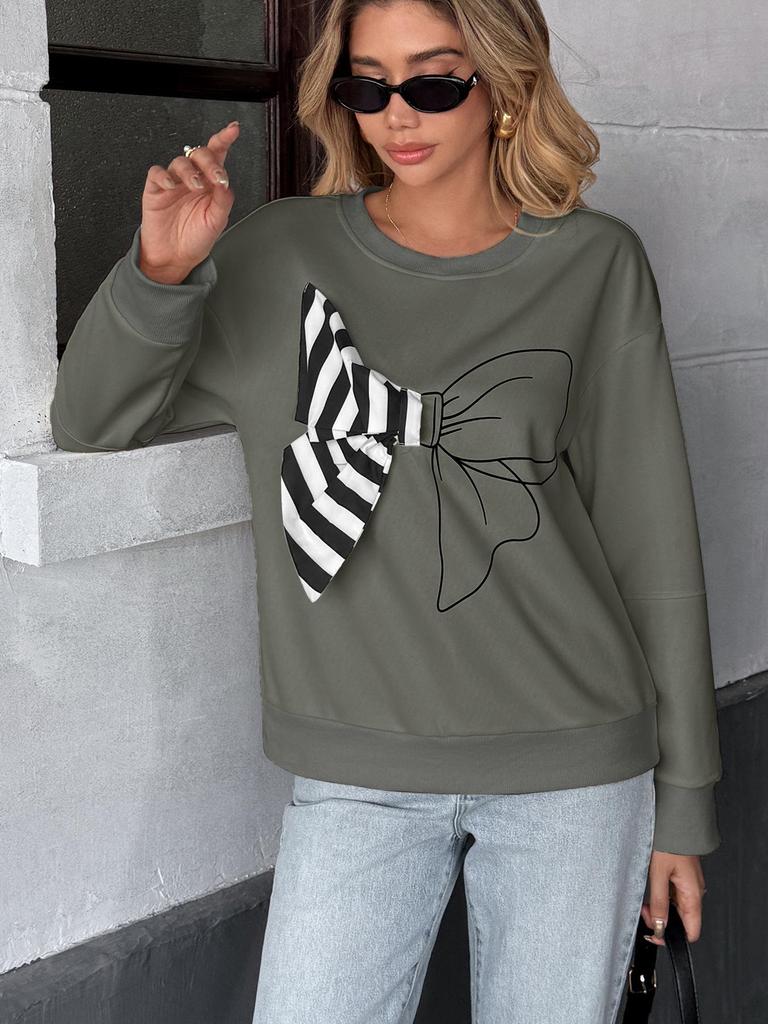 Autumn 2025 Sweet Striped Bow Sweatshirt for Women