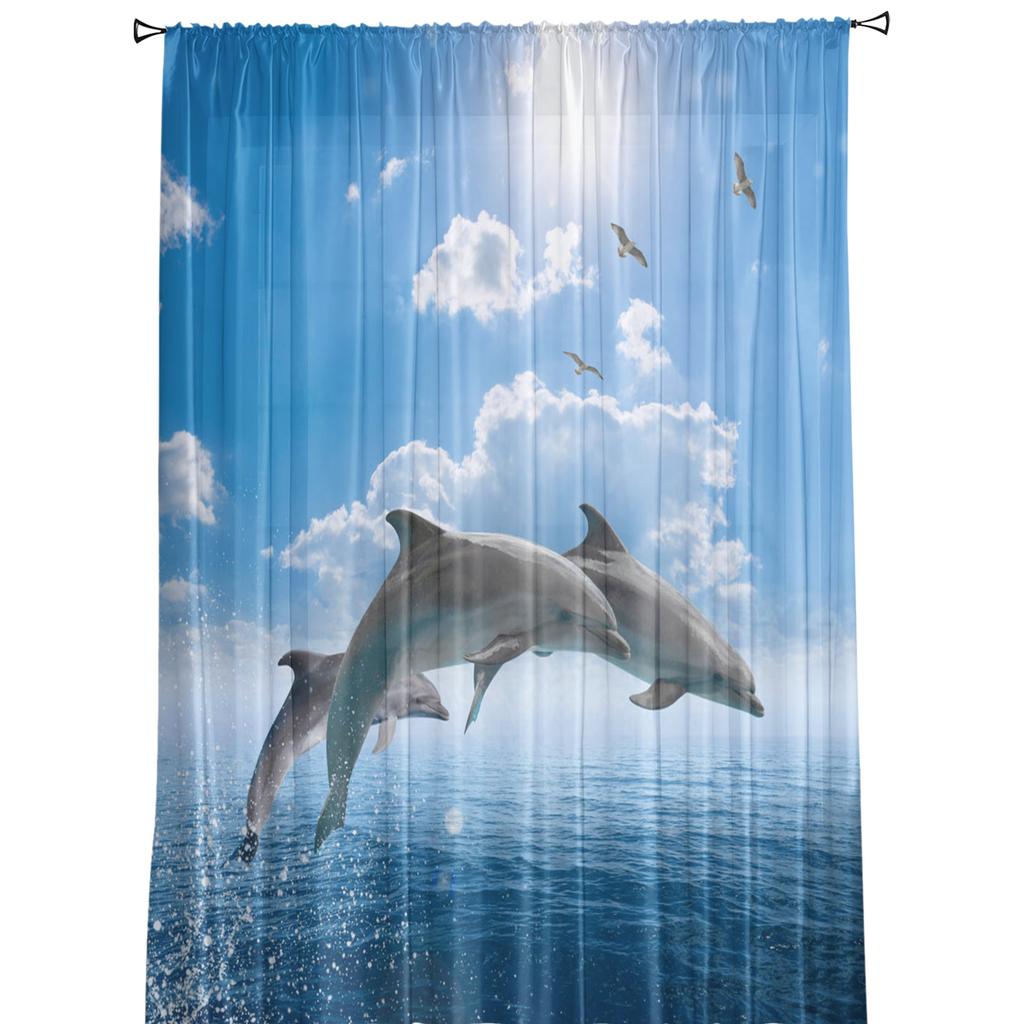 Tier Delfin Meer Blau Himmel Fliegender Vogel Wolken Transparente Vorhänge für Wohnzimmerdeko Fenstervorhänge Küche Tüll Voile Vorhänge