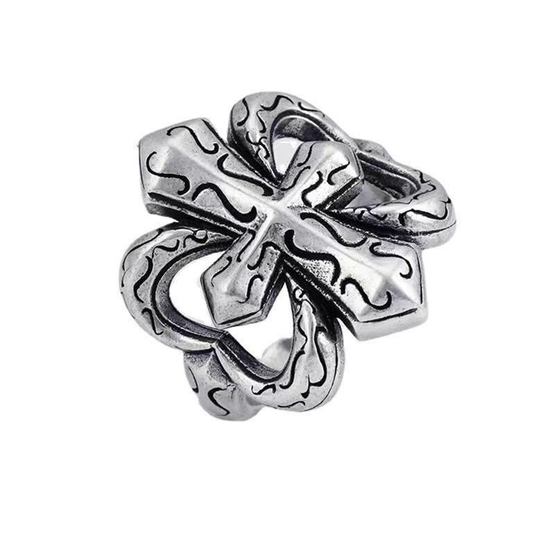 Hip-hop Exaggerated and Domineering Wide Version Military Flower Cross Ring Trendy Men's and Women's Ring