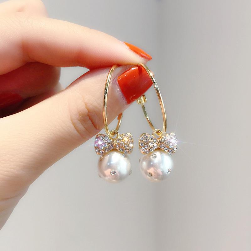 Korean Full Diamond Bow Pearl Hoop Earrings - Trendy, Versatile & Stylish Accessories