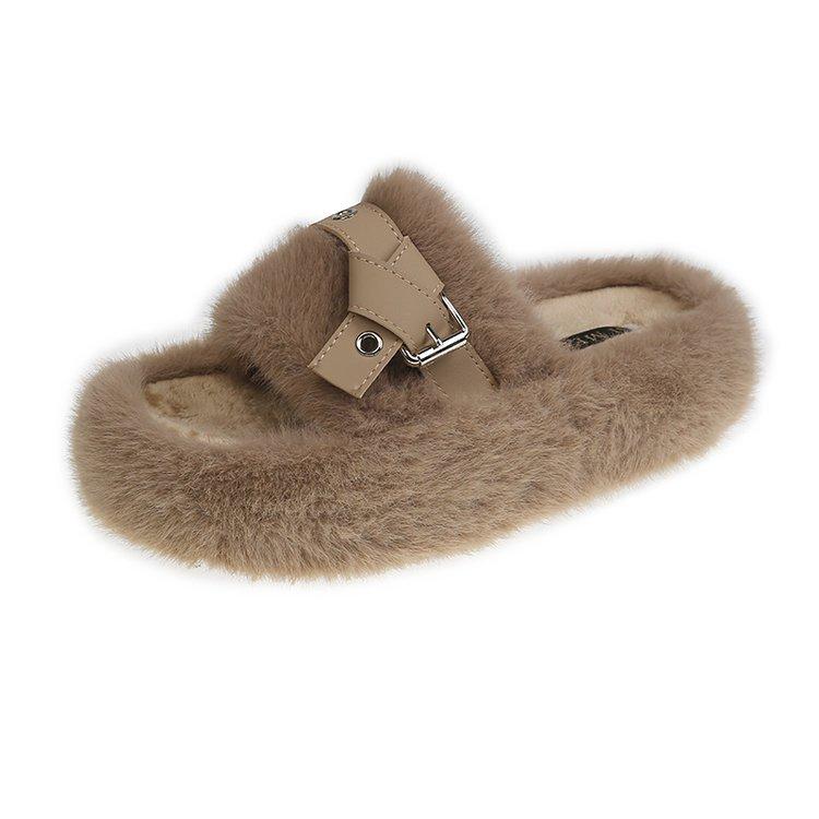 Fashion belt buckle thick bottom Internet celebrity fluffy slippers women's 2025 winter new wear non-slip versatile warm one-word drag