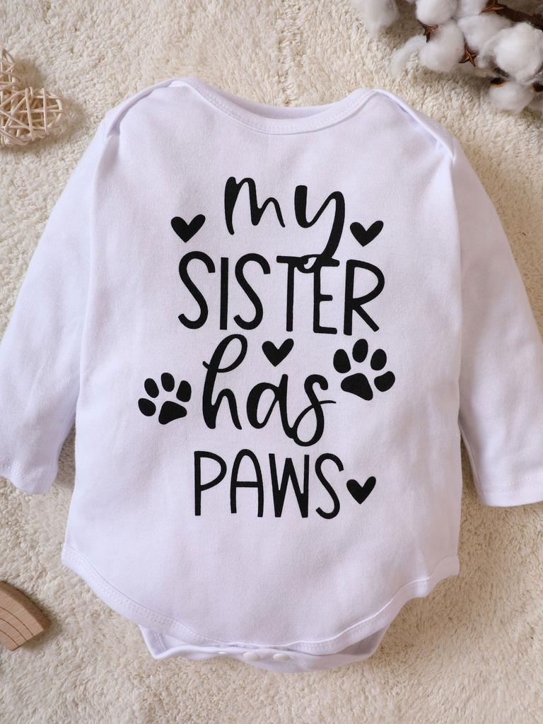 Baby Winter And Fall Onesie Long Sleeves “MY SISTER HAS PAWS” Round Neck 100% Cotton Triangle Onesie