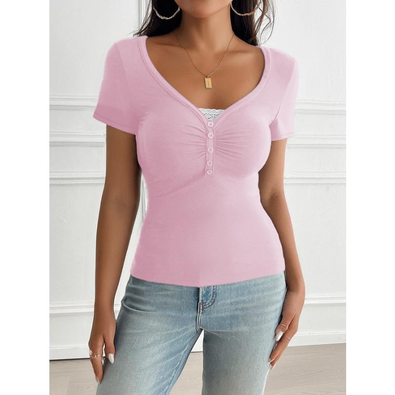 T-shirt Casual da Donna Scollo a V Bottoni Arricciata Manica Corta Vestibilità Aderente