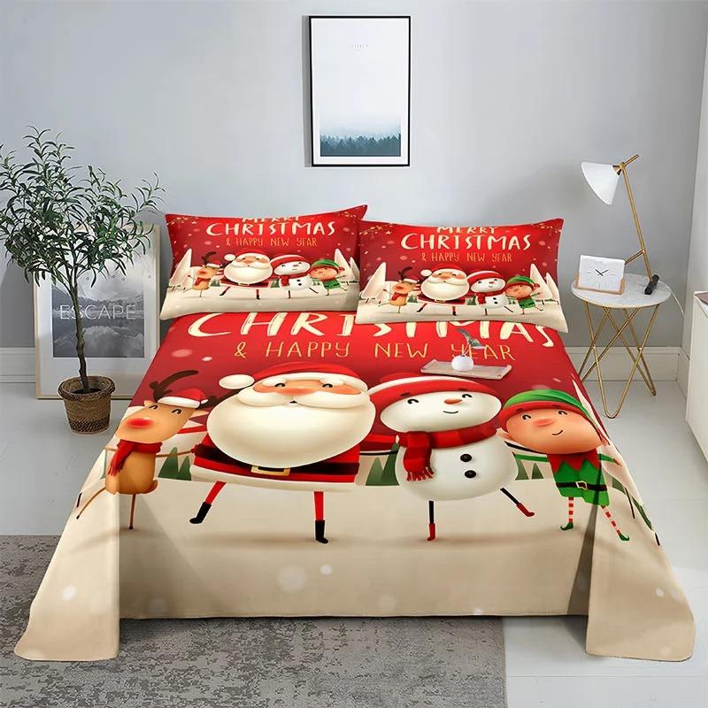 Merry Christmas Bed Sheet Set with Pillowcase 3D Print Santa Claus Home Decor New Year King Queen Full Size Red Bed Flat Sheet