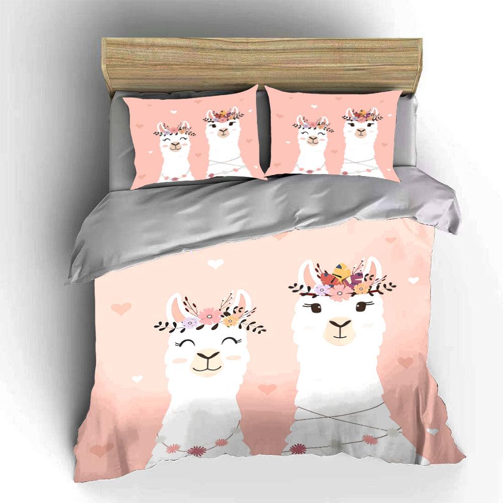 Cute Llama Pair with Flowers Bedding Duvet Cover Set Duvet Cover Pillowcases (1*Duvet Cover 2*Pillowcases, without duvet insert)