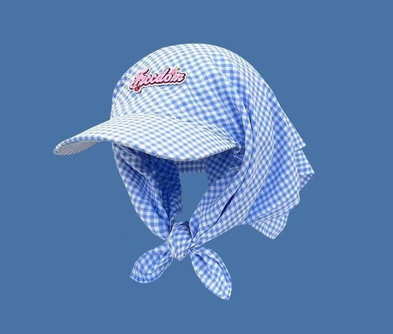 Gorro con pañuelo a cuadros de diseño coreano para sombra y protección solar al aire libre, gorra de béisbol con correa y gorra tipo pico de pato