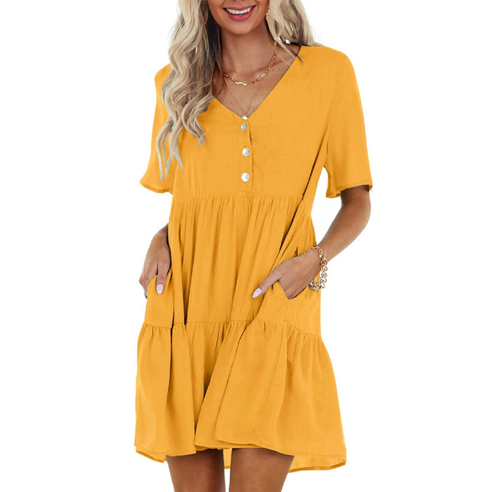 

Женское летнее однотонное платье с v-образным вырезом и пуговицами, с коротким рукавом, кружевная юбка-тортик, плиссированное платье с большим подолом L жёлтый