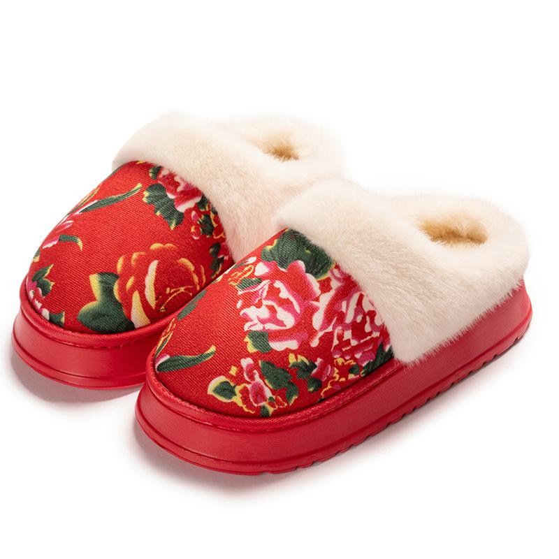 Northeast Big Flower Plush Cotton Slippers Winter Indoor Home Thick Bottom Non-slip Piled Warm Couple Cotton Mop