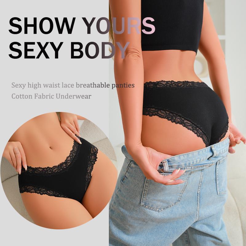 Damen Nahtlose Baumwollhöschen Sexy Spitze Einfarbige Hohe Taille Elastische Unterwäsche Hohe Qualität Atmungsaktive Intimpflege Lingerie