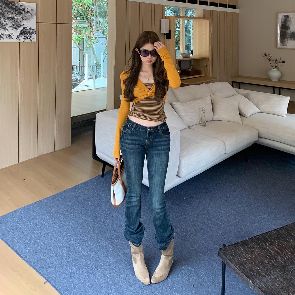 American Spice Girl low-rise and slightly pulled jeans women's autumn and winter new elastic slim-fitting and thin versatile bell pants