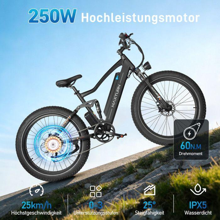 Electric Bike - Maxturn MX1-BLACK - 500 W Motor - 48V 13Ah Battery - Range 80–100 Km - 26" Wheels